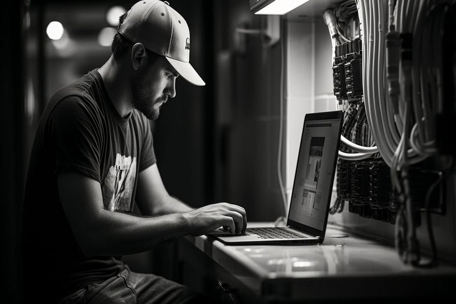 Une photo d’un électricien sur son ordinateur, en train de consulter le site web Alphacom France.