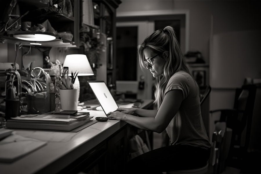 Une photo d’une femme sur son ordinateur à son domicile, en train de lire l’article “Augmentez votre visibilité” sur le site web Alphacom France.